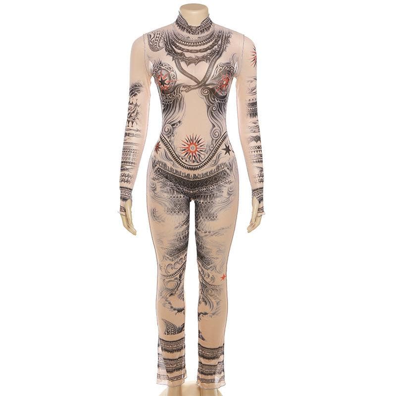 Sheer mesh abstract contrast see through long sleeve high neck jumpsuit