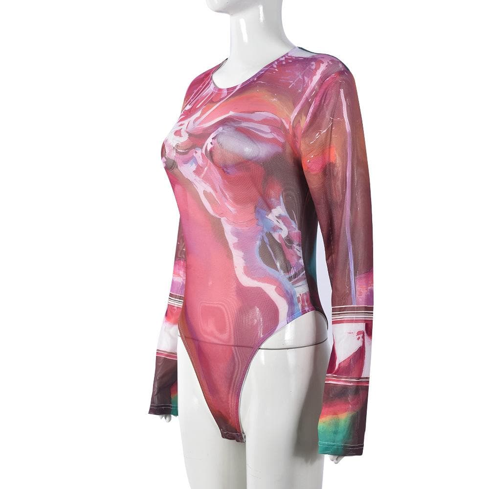Long sleeve sheer mesh crewneck print bodysuit