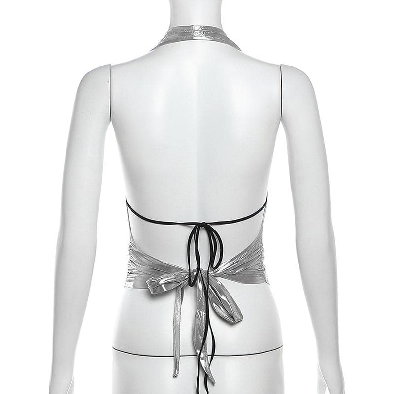 Halter metallic glitter cowl neck ruched 2 piece top