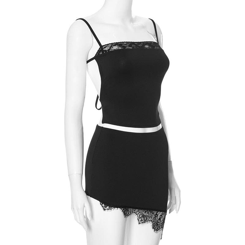 Lace hem backless irregular solid cami mini skirt set