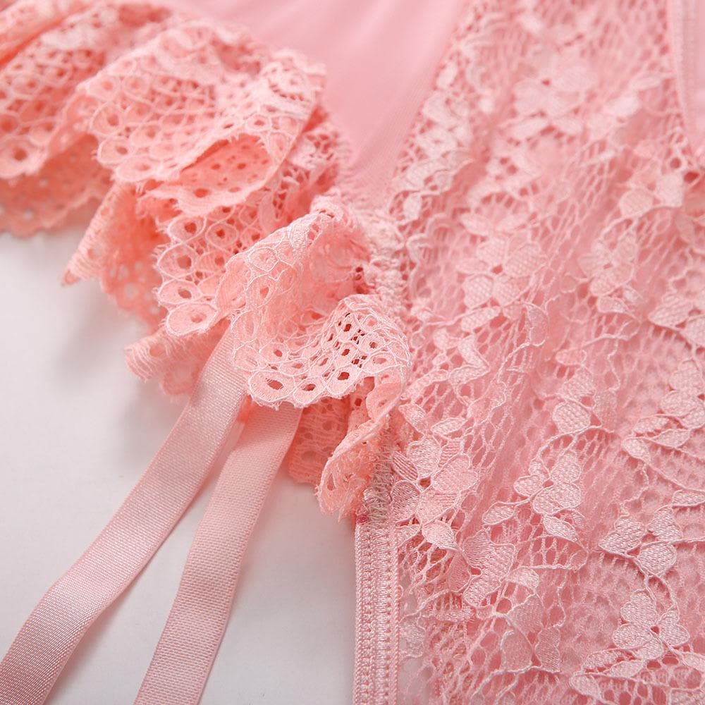 O ring lace garter hollow out bodysuit