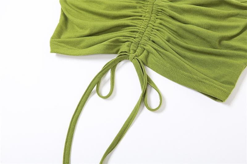 Halter drawstring mesh flared sleeve tie dye 2 piece crop top