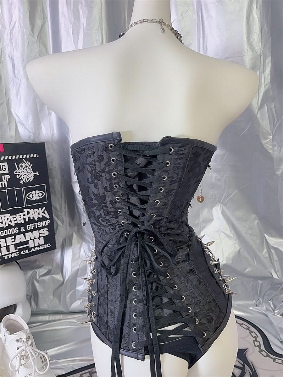 Skull metal chain PU leather lace up rivet tube top
