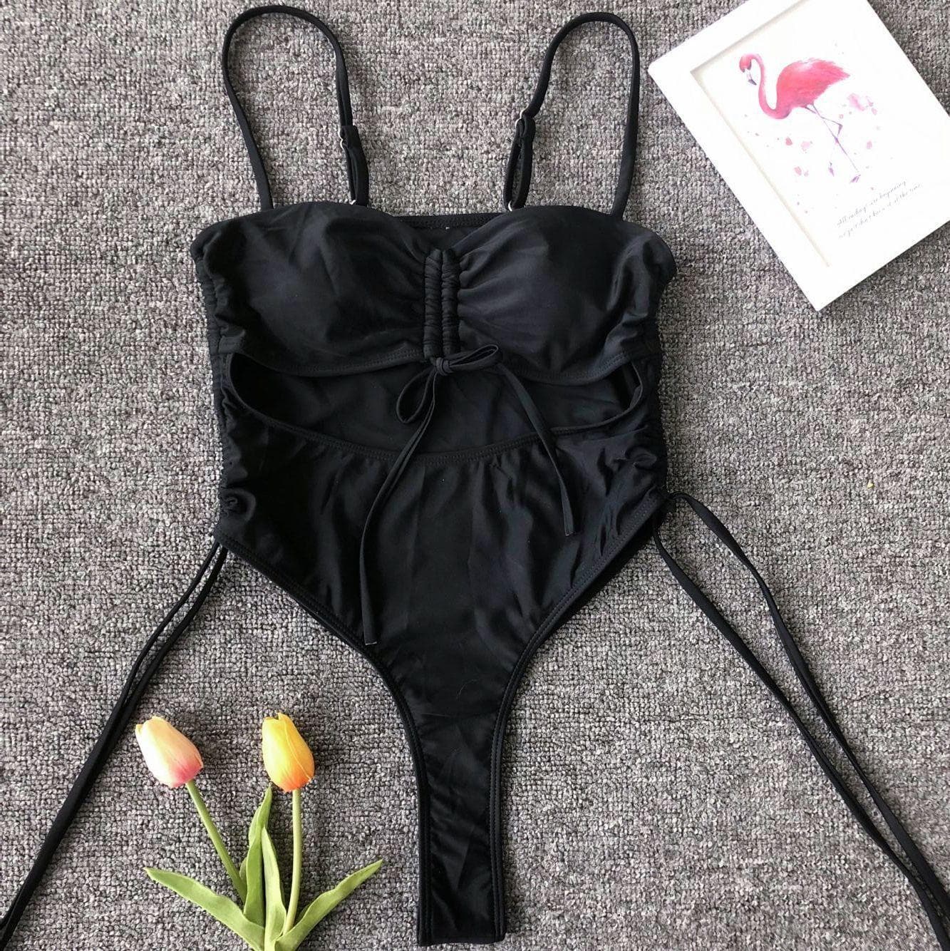 Hollow out drawstring one piece swimwear
