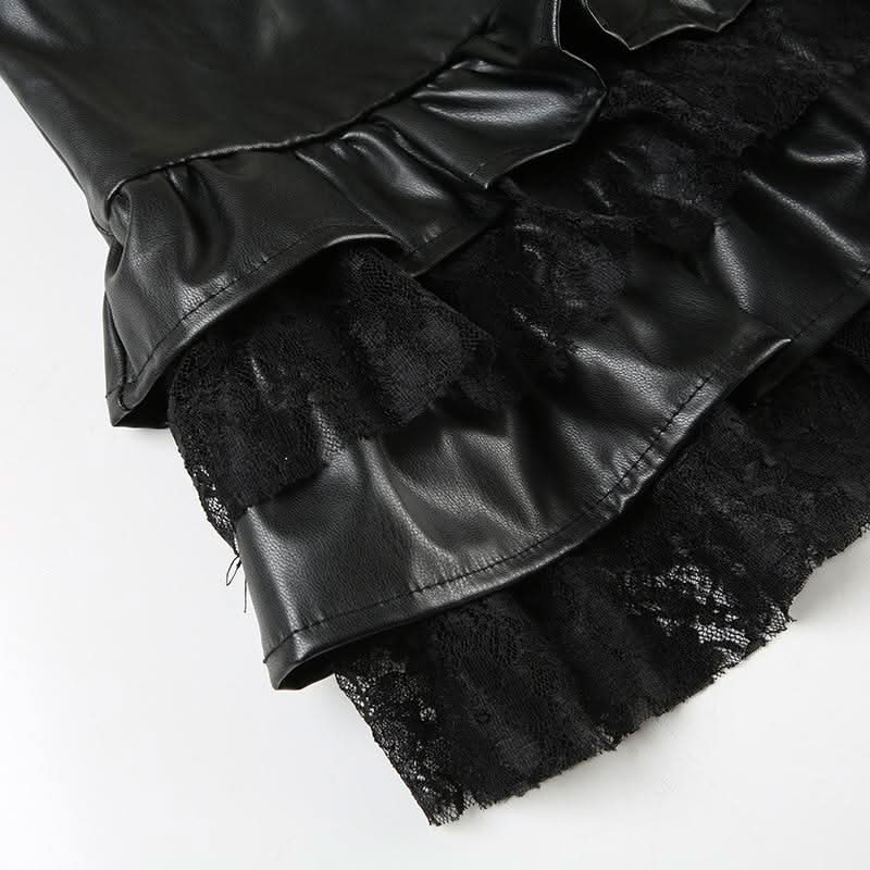 PU leather lace patchwork ruched mini skirt