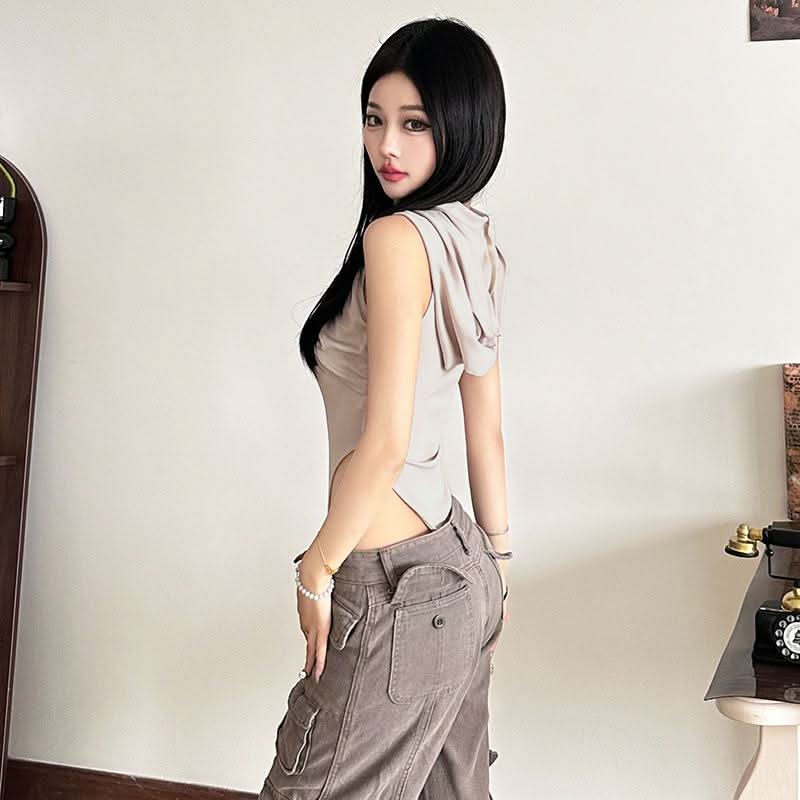 Hoodie sleeveless cross front hollow out bodysuit