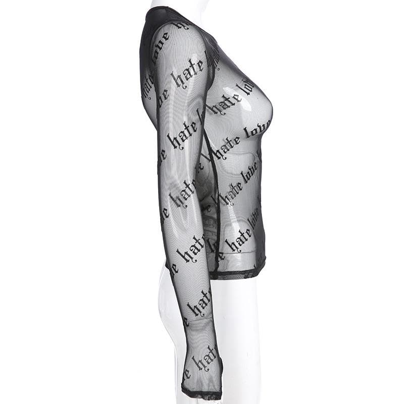 Sheer mesh "hate love" print see through solid long sleeve gloves top