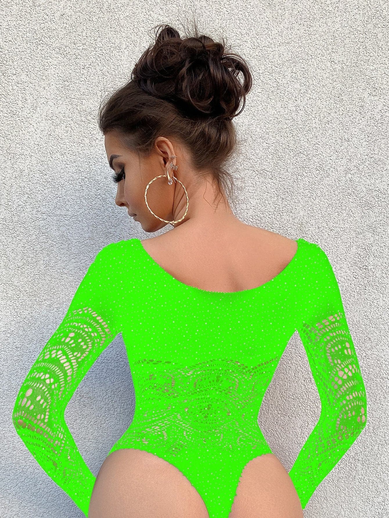 Long sleeve net rhinestone backless bodysuit