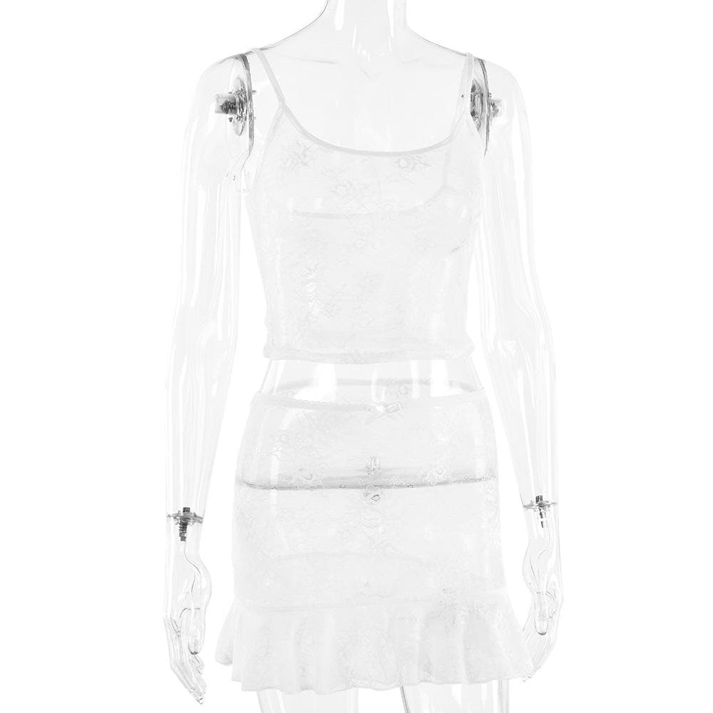 U neck lace solid see through bowknot cami mini skirt set