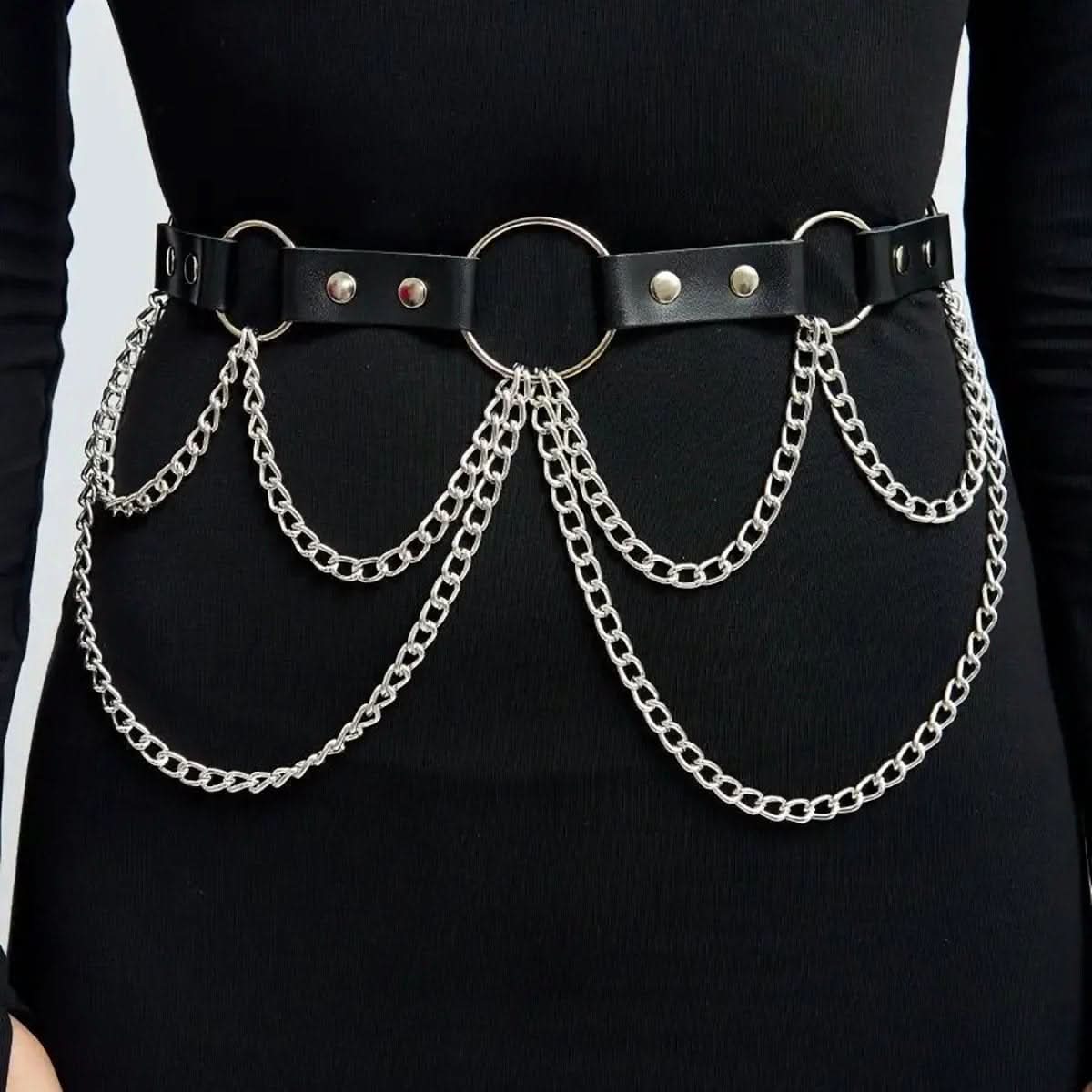 Metal chain o ring PU leather belt
