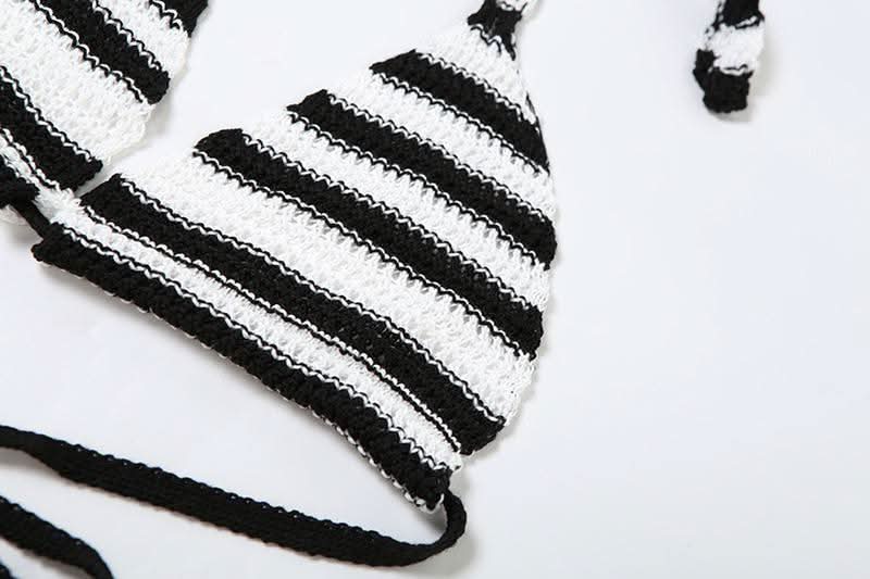 Halter v neck striped knitted ruffle mini skirt set