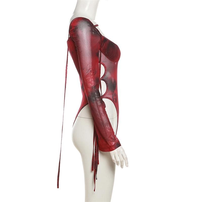 Long sleeve ruched mesh tie dye bodysuit