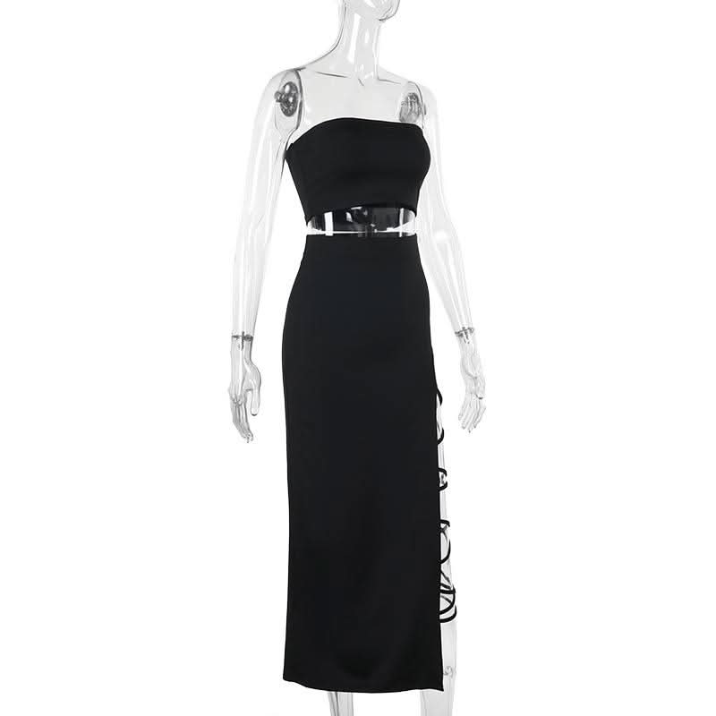 Irregular slit self tie solid tube midi skirt set