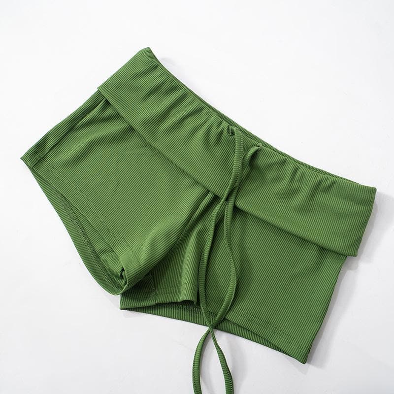 Halter lace hem drawstring ribbed crop pant set