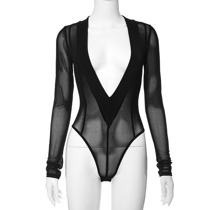 Long sleeve v neck stitch patchwork mesh bodysuit