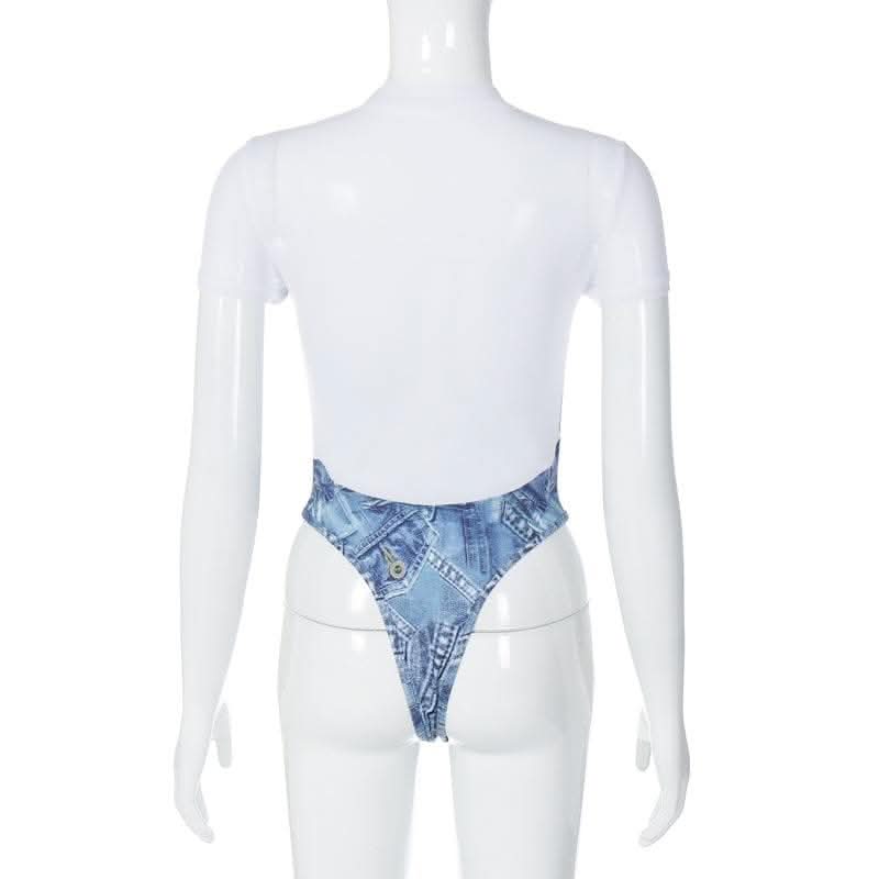 Short sleeve denim print contrast crewneck bodysuit-final-sale