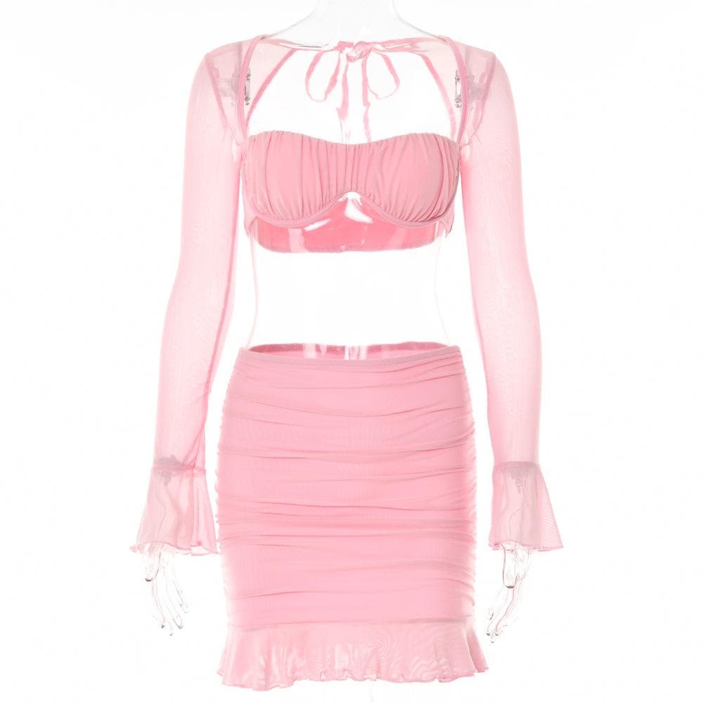 Mesh hollow out solid ruffle long sleeve ruched mini skirt set