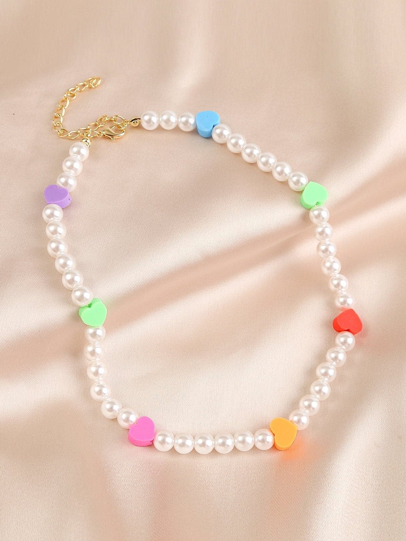 Faux pearl heart beaded multicolor clay necklace