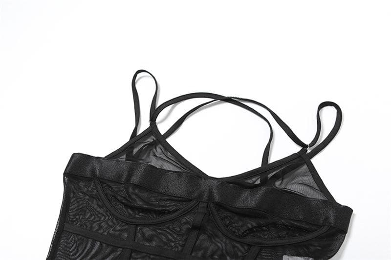 Stitch mesh patchwork cross back cami bodysuit