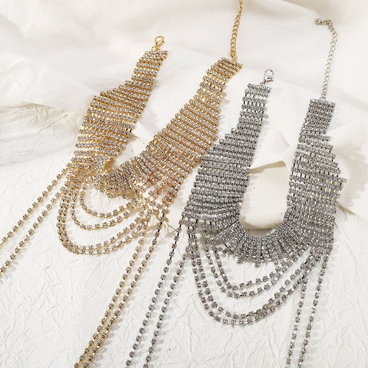 Layered rhinestone metal chain necklace