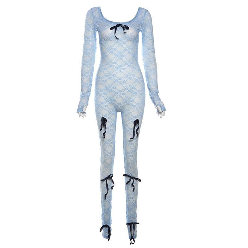 Long sleeve bowknot u neck lace see through jumpsuit-final-sale