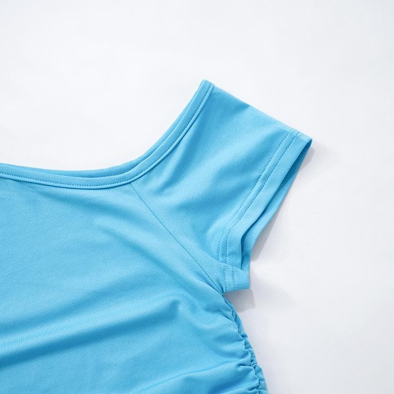 Short sleeve one shoulder ruched drawstring top