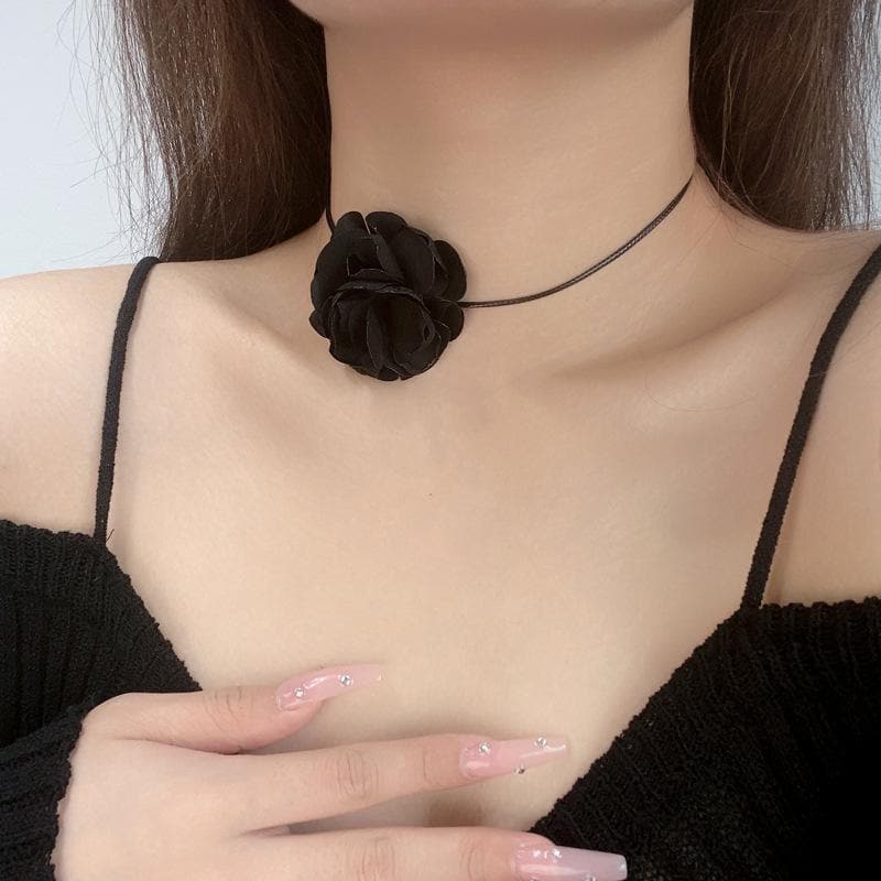 Flower applique self tie choker necklace