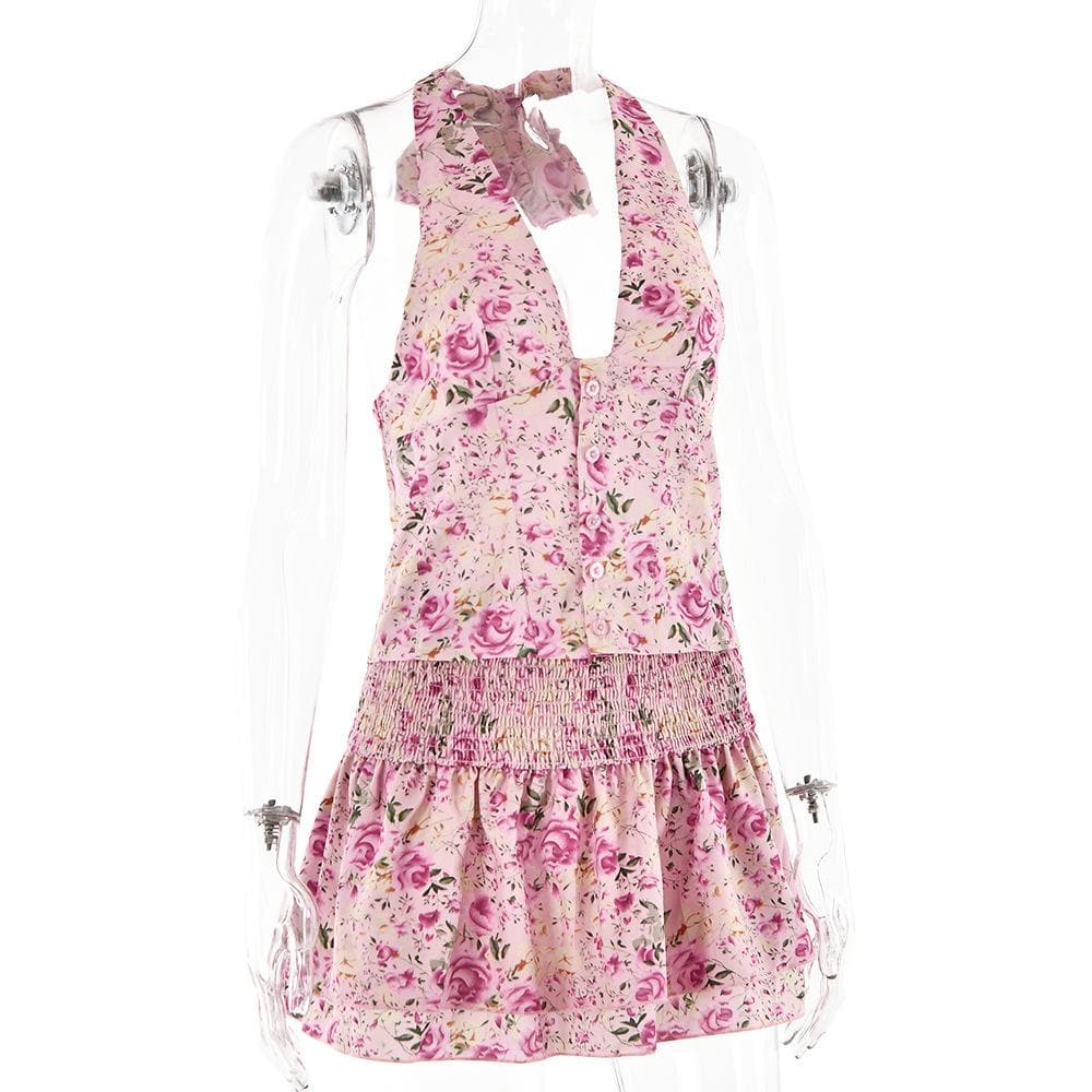 Halter smocked button flower print mini skirt set