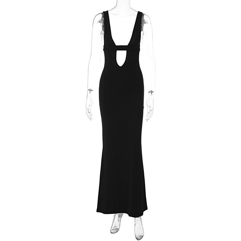 Sleeveless low cut hollow out solid backless cut out maxi dress