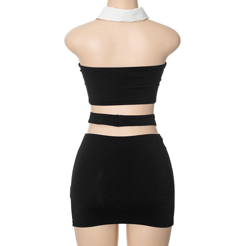 Halter turnover collar hollow out mini skirt set