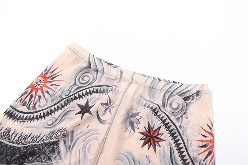 Long sleeve print high neck ruffle crop sheer mesh pant set