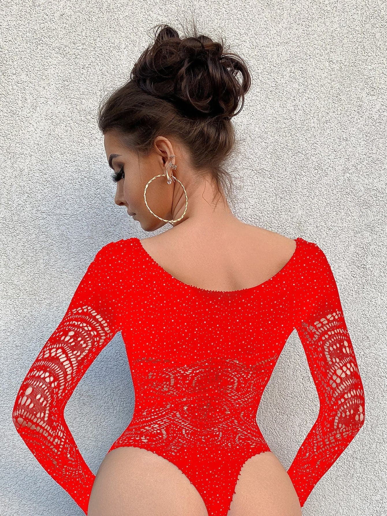 Long sleeve net rhinestone backless bodysuit