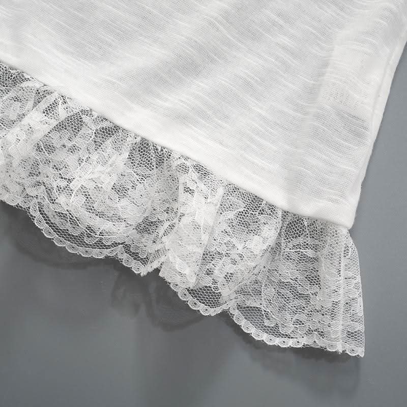 Off shoulder bowknot lace hem mesh long sleeve top