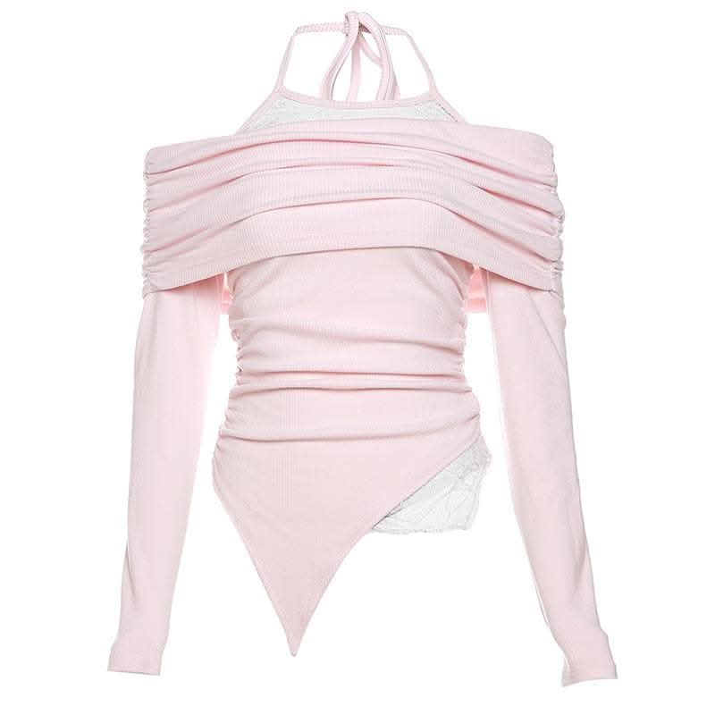 Ruched lace off shoulder halter long sleeve irregular top-final-sale