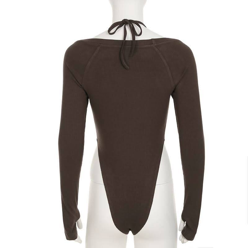 Halter long sleeve knitted self tie bodysuit
