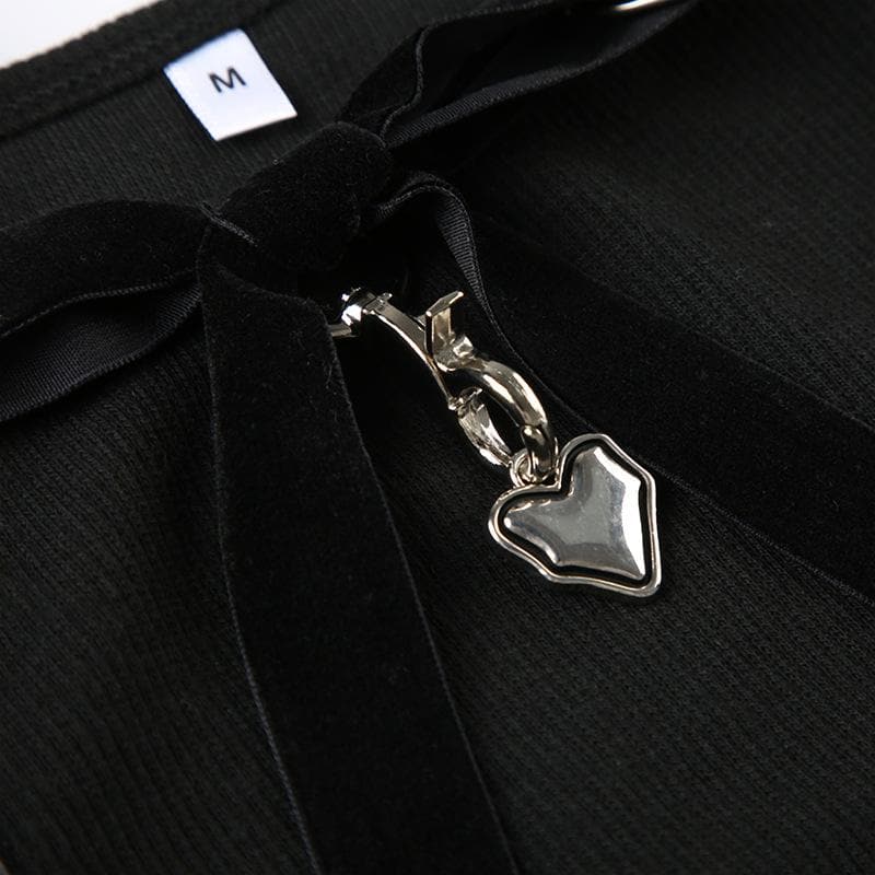 Bowknot ribbon heart applique ribbed crop top