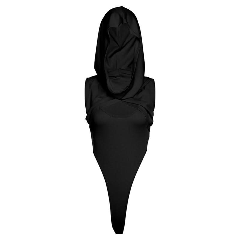 Hoodie sleeveless cross front hollow out bodysuit