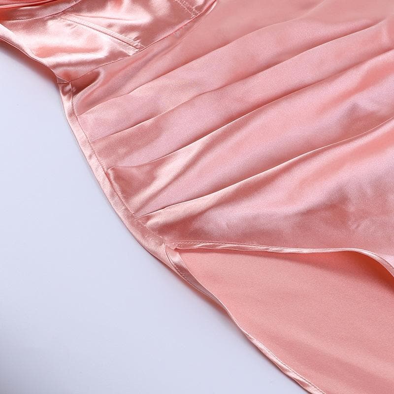 Cowl Neck Spaghetti Strap Corset Bodice Side Ruched Slit Satin Midi Dress