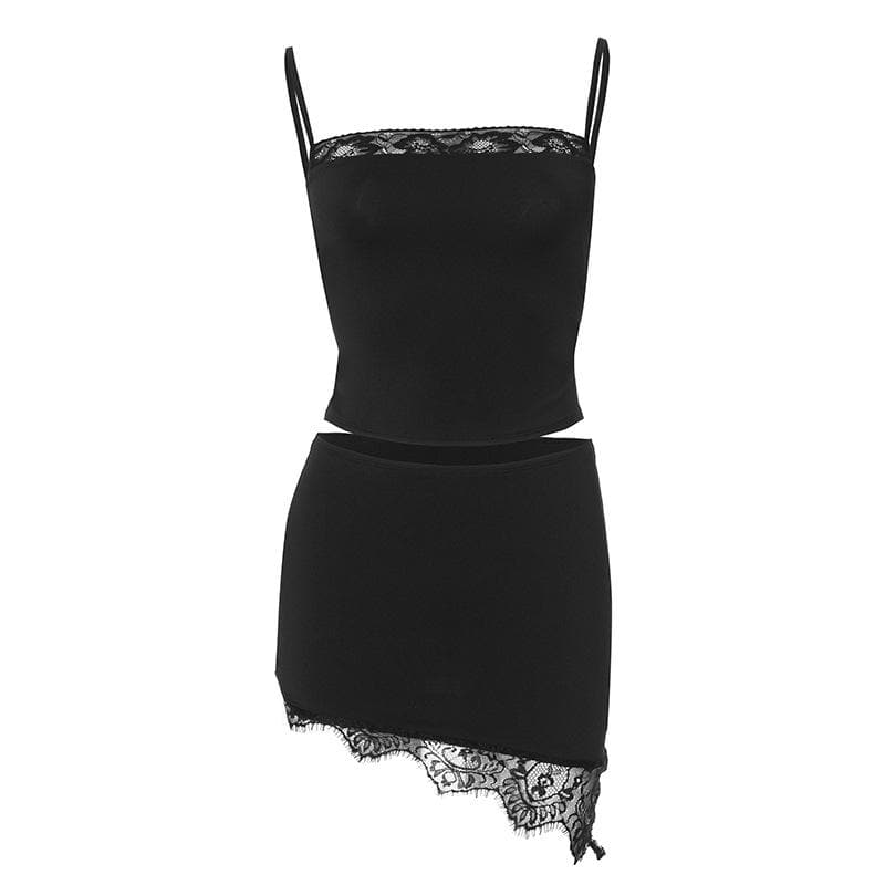 Lace hem backless irregular solid cami mini skirt set