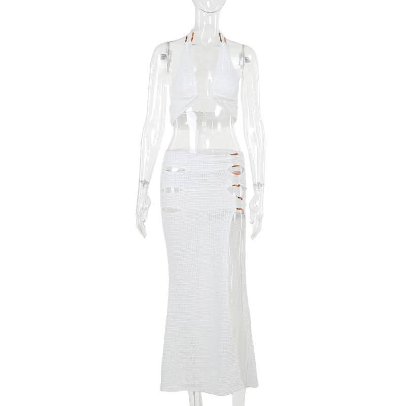 Halter hollow out slit self tie irregular cut out midi skirt set