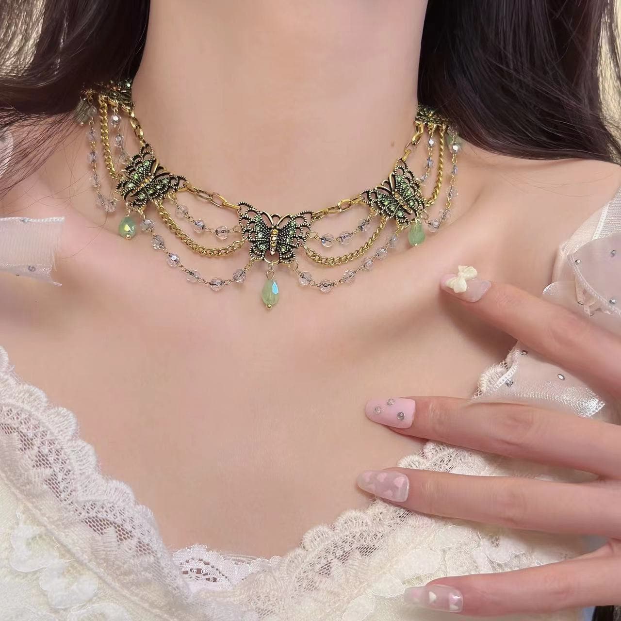 Layered green butterfly pendant choker necklace