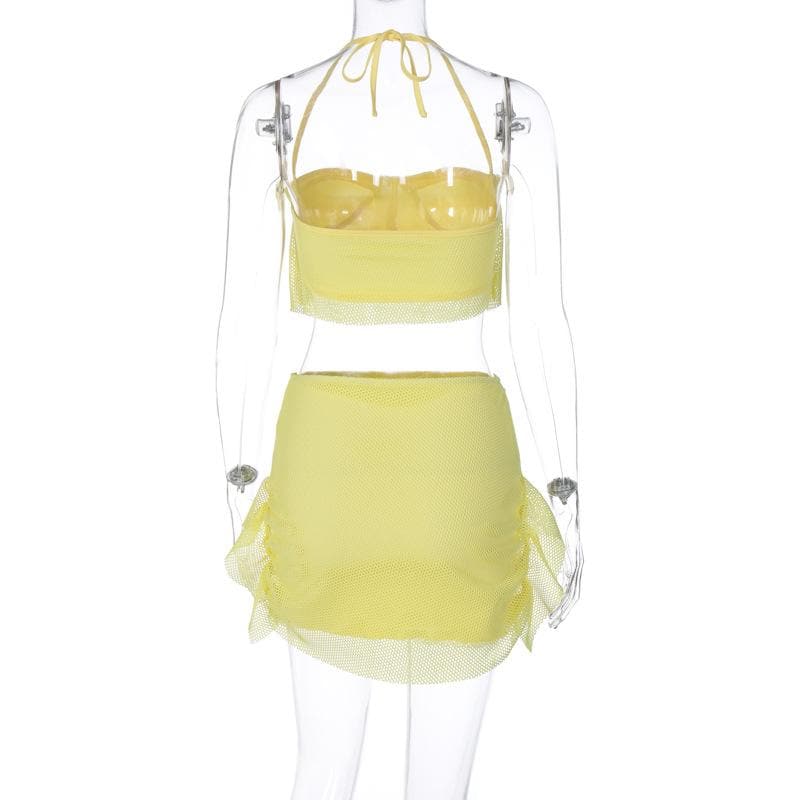 Halter self tie backless fishnet solid tube mini skirt set