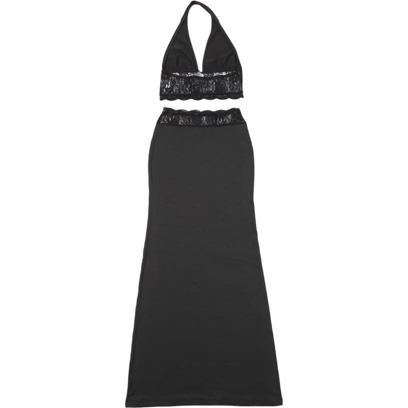 Halter v neck lace backless maxi skirt set