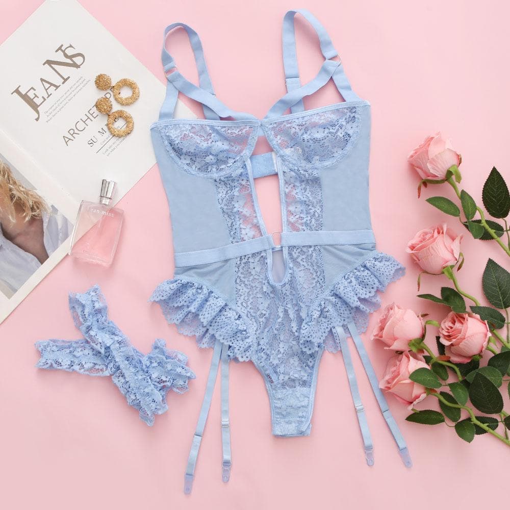 O ring lace garter hollow out bodysuit