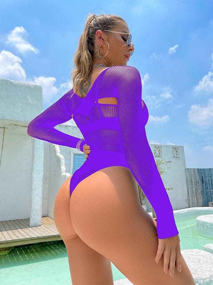 Long sleeve hollow out cross front net bodysuit