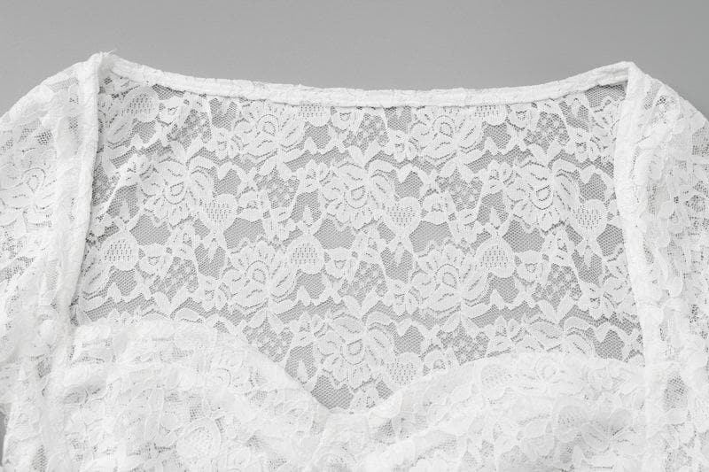 Long flared sleeve ruched lace sweetheart neck solid mini skirt set