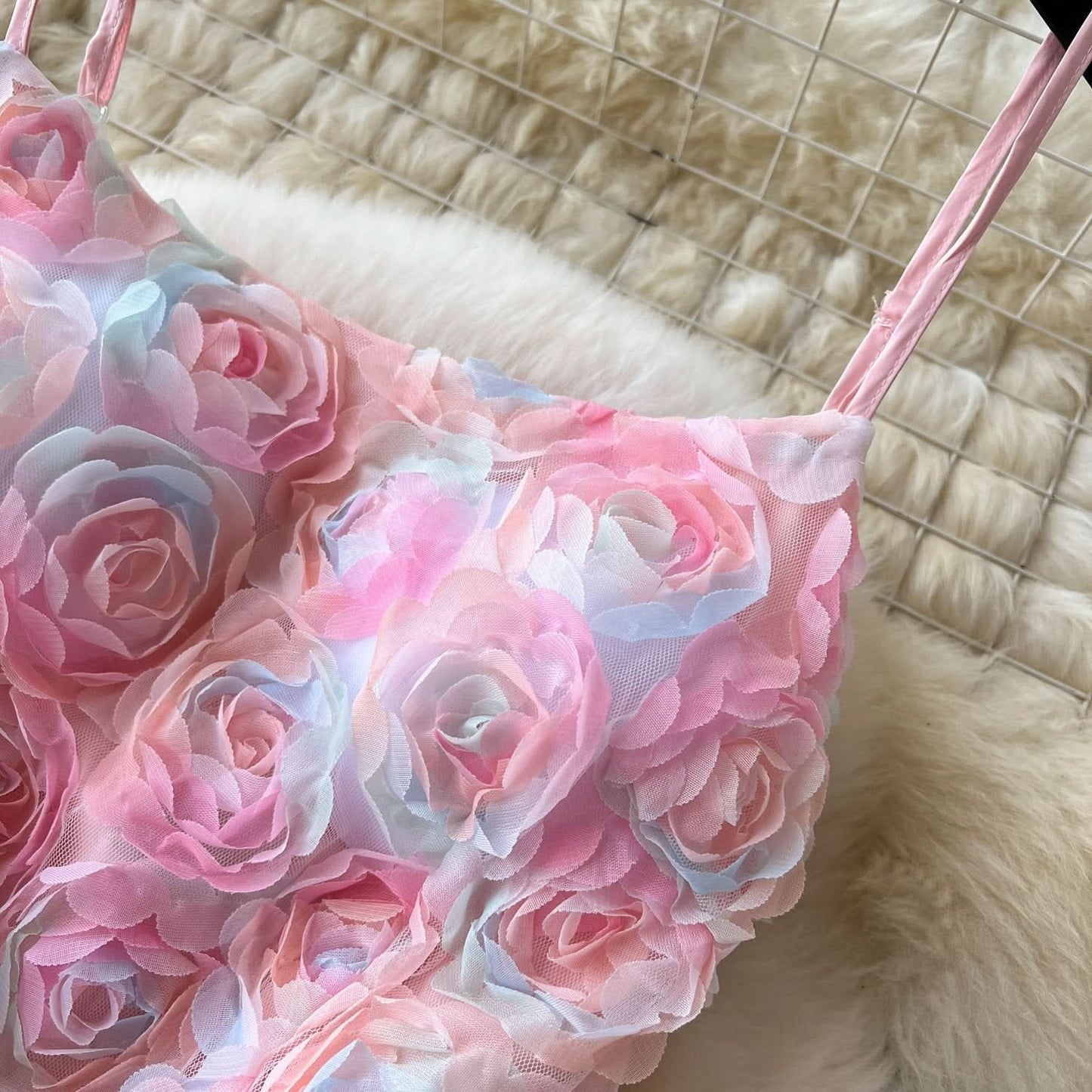 Zip-up u neck flower applique cami maxi dress