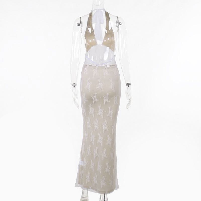 Halter v neck lace backless maxi dress