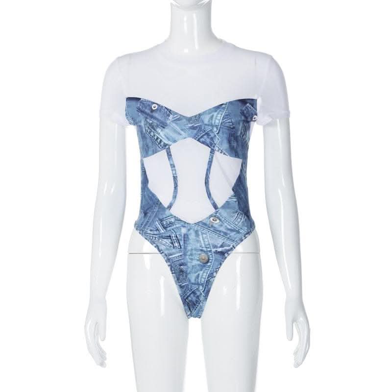 Short sleeve denim print contrast crewneck bodysuit-final-sale