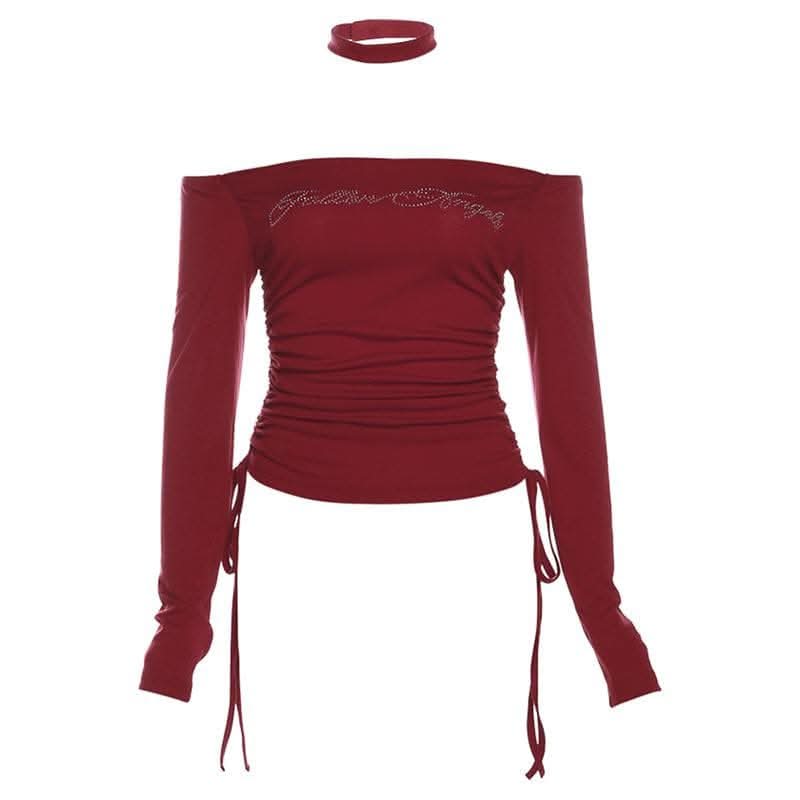 Beaded off shoulder drawstring choker long sleeve top-final-sale